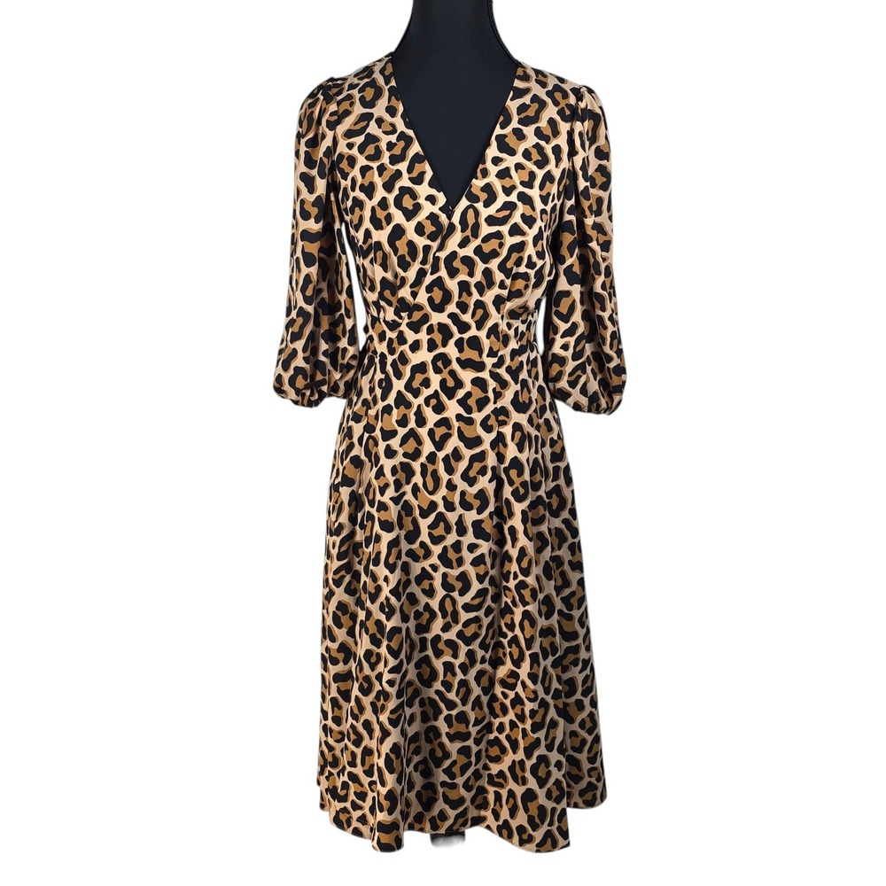 Kate Spade New York Leopard Print Midi Wrap Dress XS‎ V-Neck Puff Sleeve Tan Blk